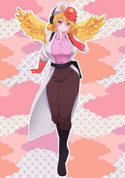 absurdres animal animal_on_head baby_animal bird black_shoes blonde_hair breasts brown_pants chick chicken deep_aloe69 earphones hat highres large_breasts multicolored_hair niwatari_kutaka on_head pants pink_shirt red_eyes shirt shoes team_fortress_2 touhou white_hat white_shirt
