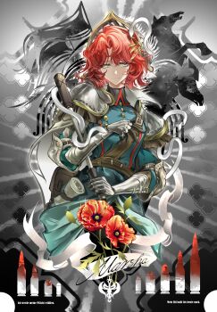 1girl absurdres armor banner blue_eyes blue_jacket bullet cape character_name chinese_commentary closed_mouth club_(weapon) commentary_request flower gauntlets german_text grey_background hand_on_own_chest hand_up highres holding holding_club holding_weapon horse jacket marsha_(reverse:1999) mole mole_under_eye poppy_(flower) red_flower red_hair reverse:1999 short_hair shoulder_armor solo upper_body weapon white_cape xixifusi_de_hualun