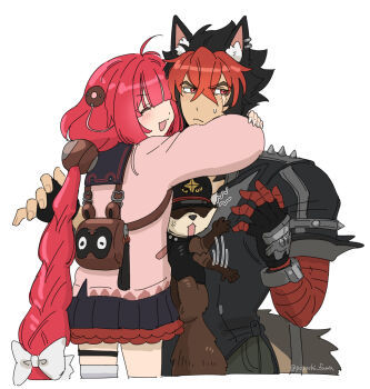 1boy 1girl 1other angry animal animal_between_breasts animal_ear_fluff animal_ears arms_around_neck backpack bag black_gloves black_hair black_skirt blush braid braided_twintails cardigan cargo_pants closed_eyes closed_mouth dog_boy dog_ears dog_tail ear_piercing fingerless_gloves gloves hair_between_eyes hair_ornament hair_ribbon hearing_aid highres hug kamanosuke_(zenless_zone_zero) komano_manato long_hair looking_to_the_side multicolored_hair multiple_scars muscular muscular_male nail_polish open_mouth pants pectorals piercing pink_cardigan popochi_fuwa raccoon red_bandage red_hair ribbon scar scar_across_eye scar_on_chest scar_on_face short_hair skirt sphere_hair_ornament spiked_jacket sweat sweatdrop tail tanuki thigh_strap twintails twitter_username ukinami_yuzuha white_background white_ribbon zenless_zone_zero