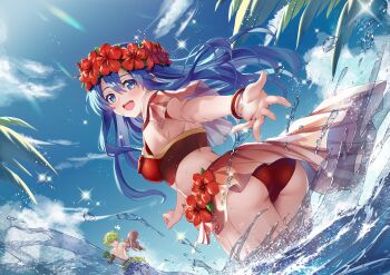 1boy 1girl :d absurdres arched_back armband ass back bikini bikini_skirt blue_eyes blue_hair blue_sky breasts cloud cowboy_shot day dutch_angle fire_emblem fire_emblem:_the_binding_blade fire_emblem_heroes floating_hair flower flower_wreath from_behind from_below gold_trim green_hair hair_between_eyes highres large_breasts light_blush lilina_(fire_emblem) lilina_(summer)_(fire_emblem) long_hair looking_at_viewer looking_back nintendo octopus official_alternate_costume open_mouth outdoors outstretched_arm outstretched_hand palm_tree red_armband red_bikini red_flower sky smile solo_focus sparkle splashing standing swimsuit teeth topless_male tree upper_teeth_only wading water water_drop wet wolt_(fire_emblem) wolt_(summer)_(fire_emblem) yuki_(sumaburalove)