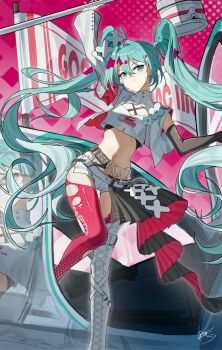 1girl blue_eyes blue_hair boots breasts cleavage_cutout clothing_cutout crop_top crop_top_overhang elbow_gloves gloves goodsmile_company goodsmile_racing hatsune_miku highres long_hair looking_at_viewer navel pink_thighhighs racing_miku racing_miku_(2025) short_shorts shorts single_elbow_glove single_sleeve single_thigh_boot single_thighhigh small_breasts solo standing standing_on_one_leg stomach thigh_boots thigh_gap thighhighs torn_clothes torn_thighhighs twintails very_long_hair vocaloid yisjhui zettai_ryouiki