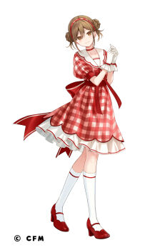1girl block_heels blush bow braid braided_bun brown_eyes brown_hair character_request choker closed_mouth commentary_request copyright_request double-parted_bangs double_bun dress dress_ribbon frilled_gloves frills fukahire_(ruinon) full_body gingham gingham_dress glove_bow gloves hair_between_eyes hair_bun hairband kneehighs layered_dress long_bangs looking_at_viewer red_bow red_choker red_dress red_hairband red_ribbon red_shoes ribbon shoes simple_background single_stripe socks solo white_background white_gloves white_socks