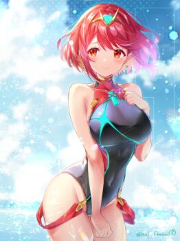1girl bare_shoulders black_one-piece_swimsuit blush breasts chest_jewel competition_swimsuit core_crystal_(xenoblade) covered_navel earrings floating_earrings gem headpiece highres jewelry large_breasts one-piece_swimsuit pyra_(pro_swimmer)_(xenoblade) pyra_(xenoblade) red_eyes red_hair red_one-piece_swimsuit ribbed_swimsuit short_hair smile solo strapless strapless_one-piece_swimsuit swept_bangs swimsuit thighs tiara ui_frara xenoblade_chronicles_(series) xenoblade_chronicles_2