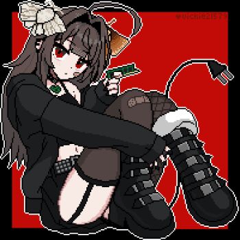 1girl ahoge animal animal_on_head animated animated_gif artist_name bandaid bandaid_on_cheek bandaid_on_face bandaid_on_knee bandaid_on_leg belt belt_boots black_boots black_border black_jacket black_skirt blinking boots border brown_hair bug cable cable_tail electric_plug electric_plug_tail full_body garter_straps hair_intakes holding hugging_own_leg insect jacket knees_up long_hair long_sleeves looking_at_viewer looping_animation mechanical_tail midriff miniskirt mole mole_on_shoulder mole_under_eye moth moth_on_head navel on_head open_clothes open_jacket original outline pixel_art ram_(computer) red_background red_eyes simple_background single_off_shoulder sitting skirt solo studded_belt tail tail_raised tail_wagging thighhighs vickie_(cryingrobot) vickie_(cryingrobot)_(character) white_outline