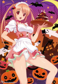 1girl :d absurdres apron bat_(animal) bow bow_panties breasts choker crescent_moon demon_tail female_focus ghost halloween hand_on_own_hip headdress highres jack-o&#039;-lantern koutaro long_hair looking_at_viewer maid_headdress medium_breasts moon open_mouth orange_hair original panties pink_ribbon pumpkin red_eyes red_ribbon ribbon ribbon_choker scan short_sleeves smile solo standing star_(symbol) tail twintails underwear white_panties
