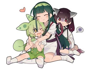 Rule 34 | 3girls, animal ears, blunt bangs, brown hair, closed eyes, commentary, cushion, double-parted bangs, food, frilled shirt, frills, full body, green hair, green shorts, hairband, headgear, heart, highres, holding, holding food, indian style, japanese clothes, kimono, long hair, looking at another, low ponytail, medium hair, multiple girls, muneate, nimingduz, no shoes, one eye closed, open mouth, ponytail, puffy short sleeves, puffy sleeves, purple sash, red eyes, sash, shirt, short kimono, short sleeves, shorts, simple background, sitting, smile, socks, speech bubble, symbol-only commentary, tabi, tasuki, touhoku kiritan, touhoku zunko, triangle mouth, twintails, voiceroid, voicevox, wariza, white background, white kimono, white shirt, white socks, wide sleeves, yellow eyes, zunda mochi, zundamon