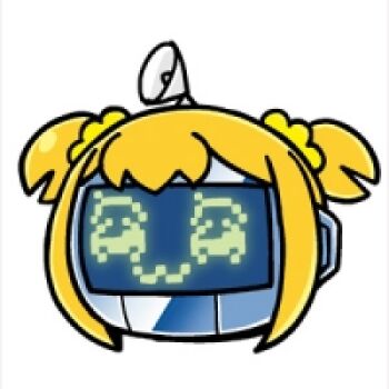 1girl :3 bad_id bkub blonde_hair chibi chibi_only closed_mouth hair_ornament hair_scrunchie lowres poptepipic popuko robot scrunchie short_hair short_twintails simple_background solo twintails white_background yellow_scrunchie