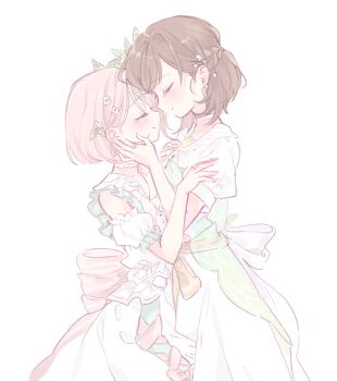 1girl 1other akiyama_mizuki arm_garter back_bow bow braid brown_hair choker closed_eyes closed_mouth collared_dress commentary cowboy_shot cross-laced_clothes cross-laced_dress dress face-to-face facing_another flower flower_ring forehead-to-forehead from_side hair_flower hair_ornament half_up_half_down_braid hand_on_another&#039;s_arm hand_on_another&#039;s_face hands_up happy_tears heads_together kizu_darake_no_te_de_watashi-tachi_wa_(project_sekai) leaf_hair_ornament mipi_(u3u_00) official_alternate_costume official_alternate_hair_length official_alternate_hairstyle orange_ribbon other_with_female parted_bangs pink_bow pink_hair profile project_sekai puffy_short_sleeves puffy_sleeves ribbon see-through_clothes shinonome_ena short_hair short_sleeves simple_background sleeveless sleeveless_dress smile tearing_up tears white_background white_bow white_choker white_dress