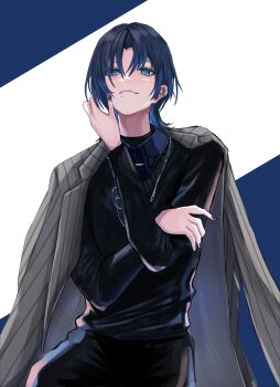 Rule 34 | 1girl, absurdres, black nails, black pants, black sweater, blue eyes, blue hair, blue shirt, collared shirt, earclip, grey jacket, handa vega, highres, hiodoshi ao, hiodoshi ao (1st costume), hololive, hololive dev is, jacket, jacket on shoulders, jewelry, looking at viewer, medium hair, mole, mole under mouth, necklace, pants, pinstripe jacket, pinstripe pattern, shirt, solo, suit jacket, sweater, v-neck, virtual youtuber