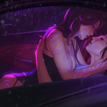 2girls artist_request black_hair black_panties body_markings breasts car car_interior cleavage closed_eyes crop_top freckles garter_straps girl_on_top hand_on_another&#039;s_back highres imminent_kiss kpop_demon_hunters lipstick long_hair makeup motor_vehicle multiple_girls panties purple_hair rain rumi_(kpop_demon_hunters) sunglasses underwear yellow_eyes yuri zoey_(kpop_demon_hunters)