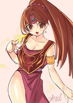 Rule 34 | 1girl, armlet, breasts, brown eyes, brown hair, circlet, cleavage, collarbone, dress, fire emblem, fire emblem: mystery of the emblem, forehead jewel, highres, jewelry, large breasts, linde (fire emblem), long hair, magic, nintendo, pink dress, pointing, ponytail, red tabard, side slit, signature, simple background, solo, studio sugimoto, tabard, thighs, very long hair