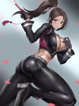 1girl ass black_boots black_gloves black_jacket black_pants boots breasts brown_eyes brown_hair cherry_blossom_print cleavage closed_mouth cropped_jacket fatal_fury fatal_fury:_city_of_the_wolves female_focus floral_print folded_fan folding_fan gloves hand_fan high_heel_boots high_heels high_ponytail highres jacket large_breasts looking_at_viewer matching_hair/eyes midriff motoyui pants partially_unzipped ponytail rokubanana shiranui_mai smile snk solo zipper_pull_tab