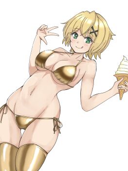 1girl :q akatsuki_kirika bikini blonde_hair blush breasts collarbone commentary_request eyelashes food gold_bikini gold_thighhighs green_eyes hair_ornament highres holding holding_food holding_ice_cream holding_ice_cream_cone ice_cream ice_cream_cone mede0905 navel senki_zesshou_symphogear short_hair side-tie_bikini_bottom simple_background smile solo stomach swimsuit tongue tongue_out w white_background