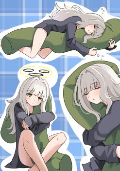 1girl absurdres black_shirt blue_archive blue_background body_pillow commentary coralreef966 crossed_ankles green_eyes green_halo grey_hair hair_down halo hare_(blue_archive) hare_(pajamas)_(blue_archive) highres hugging_object light_blush long_hair long_sleeves lying multiple_views official_alternate_costume pajamas patterned_background pillow shirt sleeping solo_focus squeans