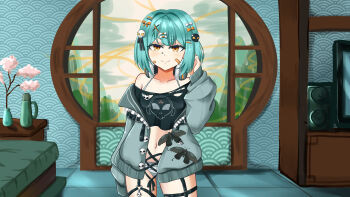1girl alienmangap bandaid bandaid_on_face bed belly bow bra bug butterfly commission hair_bow hair_ornament hair_ribbon highres inami_yoki indie_virtual_youtuber indoors insect knee_up knees_up looking_at_viewer navel panties ribbon shirt skull_hair_ornament smile solo standing striped_clothes striped_panties table underwear virtual_youtuber window x_hair_ornament