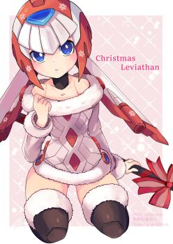 1girl android blue_eyes christmas fairy_leviathan_(mega_man) fins forehead_jewel head_fins helmet highres mega_man_(series) mega_man_x_(series) mega_man_x_dive mega_man_zero_(series) polearm red_helmet robot_girl snowflake_print spear teto_(y3832) weapon