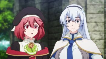 1boy 2girls animated anime_screenshot black_hairband black_hat blue_hair blue_necktie breasts capelet closed_eyes grabbing_another&#039;s_breast grabbing_from_behind grey_hair groping hairband hand_on_another&#039;s_shoulder hat highres krasia_annerose large_breasts loki_silveria long_hair mikata_ga_yowasugite_hojo_mahou_ni_tesshiteita_kyuutei_mahoushi_tsuihou_sarete_saikyou_wo_mezashimasu multiple_girls necktie open_mouth red_eyes red_hair shirt short_hair sound tagme video white_capelet white_shirt yorha_eisenz