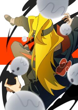 Rule 34 | 1boy, absurdres, akatsuki uniform, black coat, blonde hair, coat, deidara (naruto), from above, headband, highres, jewelry, long hair, male focus, multicolored background, naruto (series), naruto shippuuden, pants, pnpk 1013, red background, ring, shadow, simple background, solo, toeless footwear, white background