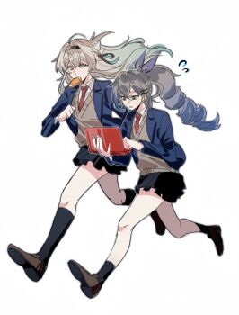 2girls alternate_costume aqua_hair black_hairband black_ribbon black_skirt black_socks blazer blue_eyes blue_hair blue_jacket bread bread_slice brown_shoes brown_sweater_vest clenched_hand closed_mouth collared_shirt computer drill_hair earrings fingernails firefly_(honkai:_star_rail) floating_hair flying_sweatdrops food food_in_mouth full_body gradient_hair grey_eyes grey_hair hair_between_eyes hair_ornament hair_ribbon hairband hairclip hairpin half-closed_eyes hands_up hashtag-only_commentary high_ponytail highres holding holding_laptop honkai:_star_rail honkai_(series) jacket jewelry kabokwa lapels laptop leaf_hair_ornament long_hair long_sleeves looking_at_another looking_at_object miniskirt multicolored_eyes multicolored_hair multiple_girls necktie open_clothes open_jacket open_mouth pleated_skirt ponytail purple_eyes purple_ribbon red_necktie ribbon running sandwich school_uniform shirt shoes sidelocks silver_wolf_(honkai:_star_rail) simple_background skirt smile socks sweatdrop sweater_vest white_background white_shirt