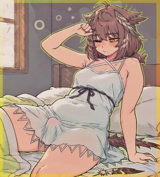 1girl arknights bags_under_eyes bird_girl bird_tail bite_mark bite_mark_on_shoulder blush breasts brown_feathers brown_hair bulge caffichai commentary english_commentary feather_hair feathers futanari hair_between_eyes head_wings highres indoors long_hair messy_hair morning_wood nightgown on_bed one_eye_closed orange_eyes owl_ears owl_girl pillow silence_(arknights) small_breasts solo squeans tail waking_up white_nightgown window wings