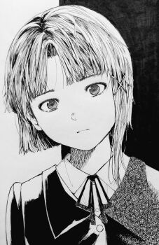 black_background blunt_bangs cross_hair_ornament hair_ornament iwakura_lain jacket looking_at_viewer misaki_toji parted_bangs ribbon school_uniform serial_experiments_lain shirt short_hair white_background