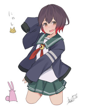 Rule 34 | 1girl, absurdres, animal print, blue jacket, blush, brown eyes, brown hair, cat print, commentary request, cowboy shot, crescent, cropped legs, dated, gradient hair, green sailor collar, green skirt, highres, inica, jacket, kantai collection, multicolored hair, mutsuki (kancolle), necktie, open mouth, pleated skirt, rabbit, red necktie, sailor collar, school uniform, serafuku, short hair, signature, simple background, skirt, solo, white background