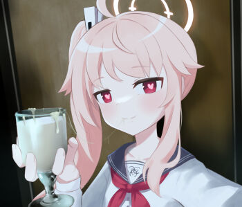 1girl ahoge asymmetrical_hair black_sailor_collar blue_archive blush closed_mouth collarbone commentary cum cum_chalice_(meme) cum_string cup cupping_glass drinking_glass english_commentary gokkun halo hand_up heart heart-shaped_pupils holding holding_cup long_hair long_sleeves looking_at_viewer meme natsu_(blue_archive) neckerchief photo_background pink_eyes pink_hair red_eyes red_neckerchief sailor_collar sailor_shirt school_uniform serafuku shirt side_ponytail single_sidelock smile solo symbol-shaped_pupils upper_body white_shirt wine_glass ziz_(pandora707)