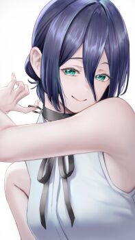 1girl black_choker black_ribbon blue_hair chainsaw_man choker closed_mouth green_eyes grenade_pin hair_between_eyes hair_bun karasuba_yomi medium_hair neck_ribbon reze_(chainsaw_man) ribbon shirt simple_background sleeveless sleeveless_shirt smile solo white_background white_shirt