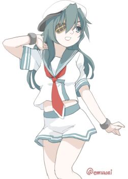 Rule 34 | 1girl, commentary request, emuwai, feet out of frame, green sailor collar, hat, kantai collection, kiso (kancolle), kiso kai ni (kancolle), long hair, looking to the side, neckerchief, one-hour drawing challenge, peaked cap, red neckerchief, sailor collar, sailor hat, sailor shirt, school uniform, serafuku, shirt, shorts, simple background, solo, white background, white hat, white shorts