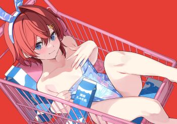 1girl absurdres ange_katrina animal_ears bare_legs bare_shoulders blue_eyes blue_leotard blush closed_mouth collarbone drink_carton fake_animal_ears feet_out_of_frame flat_chest hair_ornament hairclip hand_on_own_chest highres in_shopping_cart leotard looking_at_viewer lying milk_carton nijisanji nikuya_mugi on_back playboy_bunny rabbit_ears red_background red_hair shopping_cart short_hair simple_background single_hair_intake smile solo strapless strapless_leotard tearing_up virtual_youtuber