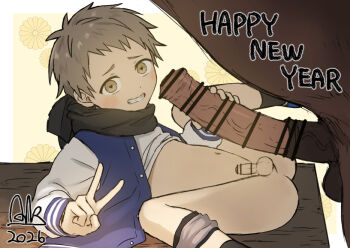 1boy alk animal_penis bar_censor bestiality black_scarf brown_eyes censored chinese_zodiac clothes_lift commentary_request grey_hair grin happy_new_year heart heart-shaped_pupils horse horse_penis lying male_focus new_year on_back original penis penis_grab scarf shirt_lift short_hair shota small_penis smile symbol-shaped_pupils testicles underwear_around_one_leg v very_short_hair yaoi year_of_the_horse