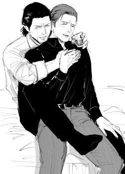 Rule 34 | 2boys, ahoge, alcohol, blush, commentary request, dojima daigo, dress shirt, drinking, drunk, greyscale, hair slicked back, hand on another's chest, hand on own chest, highres, hug, hug from behind, laughing, male focus, mine yoshitaka, monochrome, multiple boys, no jacket, no necktie, partially open shirt, ryuu ga gotoku (series), ryuu ga gotoku 3, shirt, sitting, sketch, sleeves rolled up, tyag53, whisky glass