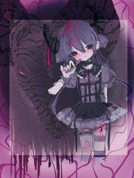 1girl absurdres black_horns blood blood_in_hair blood_on_clothes blood_on_leg blush closed_mouth collared_dress commentary dress feet_out_of_frame fork hair_bun hand_up head_tilt highres holding holding_fork horns kotsumitsudo long_hair looking_at_viewer original puffy_short_sleeves puffy_sleeves purple_blood purple_dress purple_hair short_dress short_sleeves solo standing thigh_strap unfinished