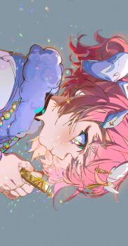 Rule 34 | 1girl, aemeath (wuthering waves), aged down, closed mouth, commentary, crying, crying with eyes open, english commentary, from side, grey background, hair ornament, hands up, highres, holding, pink hair, portrait, profile, raven mido, short hair, sideways, simple background, solo, tears, wuthering waves, yellow eyes