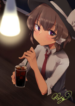 1girl black_hat blush bow brown_eyes brown_hair collared_shirt commentary_request cup drinking_glass drinking_straw fedora hair_bow hat hat_bow highres holding_straw looking_at_viewer necktie red_necktie shirt signature smile soda solo suzu_keika table touhou upper_body usami_renko white_bow white_shirt wooden_table