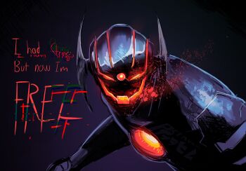 1boy android armor crossover decepticon glowing glowing_eyes highres humanoid_robot looking_at_viewer marvel marvel_rivals no_humans open_mouth primusibi red_eyes robot science_fiction shockwave_(transformers) simple_background third_eye transformers transformers:_generation_1 ultron