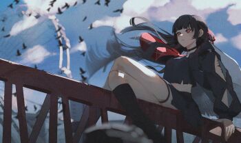 1girl absurdres arm_cutout black_choker black_hair black_jacket black_shirt black_skirt blue_sky breasts chisa_(wuthering_waves) choker clothing_cutout commentary crop_top day eien_001 highres jacket long_hair medium_breasts outdoors parted_lips red_eyes shirt skirt sky solo tacet_mark_(wuthering_waves) thigh_strap wuthering_waves