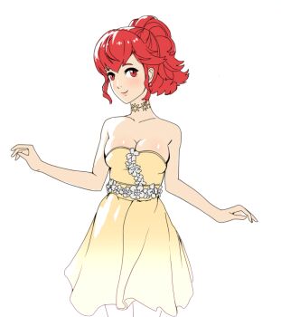 1girl alternate_costume anna_(fire_emblem) bare_shoulders breasts choker cleavage dress earrings fire_emblem flower jewelry looking_at_viewer medium_breasts nintendo ponytail red_eyes red_hair simple_background solo sunbeam_(artist)