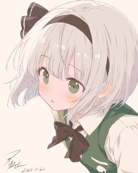 1girl absurdres black_bow black_bowtie black_hairband bow bowtie buttons collared_shirt commentary_request dated green_eyes green_vest grey_background grey_hair hairband highres iris-san konpaku_youmu light_blush looking_ahead parted_lips shirt short_hair signature simple_background solo touhou vest white_shirt