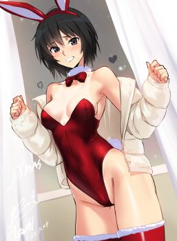 1girl :d amagami animal_ears armpits bare_shoulders black_hair blush bow bowtie breasts brown_eyes christmas cleavage commentary_request covered_navel curtains dated fake_animal_ears fake_tail fur-trimmed_thighhighs fur_collar fur_trim glass_writing grin hairband heart highleg highleg_leotard highres indoors jacket leotard long_sleeves medium_breasts nanasaki_ai nervous_smile off_shoulder one-piece_tan open_clothes open_jacket open_mouth parted_lips playboy_bunny rabbit_ears rabbit_tail red_bow red_bowtie red_hairband red_leotard red_thighhighs short_hair signature smile solo strapless strapless_leotard tail tan tanline thighhighs white_jacket window yoo_tenchi