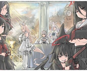 6+girls absurdres angel_wings animal_ears armband artillery bags_under_eyes bird black_choker black_hair black_serafuku black_skirt black_wings blonde_hair blue_archive bow bowtie breasts buttons capelet cellphone choker clock clock_tower closed_mouth commentary_request cross_halo double-breasted dress feathered_wings flower footwear_bow fox_ears fox_girl frilled_dress frills frown grin gun hair_flower hair_ornament halo hasumi_(blue_archive) high_heels highres holding holding_phone ichika_(blue_archive) justice_task_force_(blue_archive) long-tailed_tit long_hair long_sleeves looking_at_viewer mashiro_(blue_archive) messy_hair mika_(blue_archive) mole mole_under_eye multiple_girls nagisa_(blue_archive) nanashi_(pixiv_98920795) narrowed_eyes neckerchief one_eye_closed phone pink_hair pleated_skirt profile purple_eyes red_bow red_bowtie red_eyes red_halo red_neckerchief ruins school_uniform seia_(blue_archive) serafuku shotgun sitting sketch skirt sleeves_past_fingers sleeves_past_wrists smartphone smile standing table tail tea_party_(blue_archive) tile_floor tiles tit_(bird) tongue tongue_out tower tsurugi_(blue_archive) underboob very_long_hair weapon white_capelet white_dress wings yellow_eyes