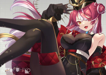 1girl black_bodysuit black_coat black_gloves black_leotard black_thighhighs bodysuit breasts cleavage coat crossed_legs elbow_gloves gloves hair_bun heterochromia hololive houshou_marine houshou_marine_(marching_band) large_breasts leotard long_hair looking_at_viewer multicolored_hair official_alternate_costume pink_hair red_coat red_eyes red_hair ryofuhiko smile solo streaked_hair thighhighs two-sided_coat two-sided_fabric very_long_hair virtual_youtuber