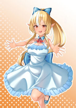 1girl alternate_costume blonde_hair blue_bow blue_shoes bow dark-skinned_female dark_elf dark_skin dress elf hair_bow highres hololive looking_at_viewer mary_janes multicolored_hair open_mouth orange_eyes outstretched_arms poi pointy_ears ponytail shiranui_flare shoes smile solo streaked_hair syukuri_works teeth upper_teeth_only virtual_youtuber white_dress white_streaks