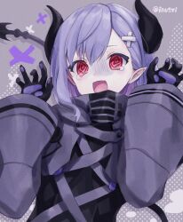 Rule 34 | 1girl, @ @, asymmetrical bangs, black bodysuit, bodysuit, commentary request, demon horns, demon tail, gloom (expression), grey background, hair ornament, hands up, high collar, highres, horns, indie virtual youtuber, long pointy ears, long sleeves, looking at viewer, medium hair, mimic (vtuber), nervous smile, nuinuniki, open mouth, pointy ears, purple hair, purple sleeves, red eyes, shadow, shrug (clothing), simple background, smile, solo, tail, tearing up, twitter username, upper body, virtual youtuber, x hair ornament