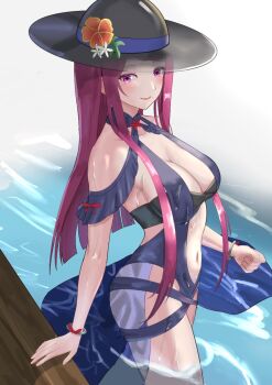 Rule 34 | 1girl, bare shoulders, black hat, blue one-piece swimsuit, blush, breasts, casual one-piece swimsuit, cleavage, closed mouth, clothing cutout, dress swimsuit, fire emblem, fire emblem engage, fire emblem heroes, flower, hat, hat flower, highres, ivy (fire emblem), ivy (summer) (fire emblem), large breasts, long hair, looking at viewer, mole, mole on cheek, mole under mouth, navel, nintendo, official alternate costume, one-piece swimsuit, purple eyes, purple hair, smile, solo, stomach, stomach cutout, swimsuit, tarutaru193, water, water drop, wet