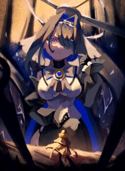 2girls absurdres black_gloves black_skirt black_sleeves blue_eyes blue_gemstone blue_hair breasts brown_coat chain chain_headband closed_mouth coat commentary detached_sleeves english_commentary gem giant giantess gloves halo heart-shaped_gem highres hololive hololive_english large_breasts mechanical_halo multiple_girls ouro_kronii ouro_kronii_(1st_costume) shirt size_difference skirt veil virtual_youtuber vonv_(sejvon) watson_amelia watson_amelia_(1st_costume) white_shirt