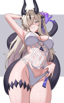 1girl arknights bikini border breasts camisole commentary dragon_girl dragon_horns dragon_tail fangs_(fangs_art) fire flame-tipped_tail green_eyes grey_background grey_hair highres horns large_breasts long_hair looking_at_viewer navel necrass_(arknights) necrass_(summer_flowers)_(arknights) official_alternate_costume simple_background smile solo swimsuit tail thighs very_long_hair white_bikini white_border white_camisole