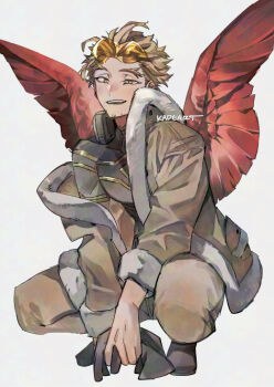 1boy artist_name black_shoes blonde_hair boku_no_hero_academia brown_jacket brown_pants commentary facial_hair feathers fur-trimmed_jacket fur_trim goggles goggles_on_head hawks_(boku_no_hero_academia) jacket kadeart male_focus pants red_feathers red_wings shoes short_hair sideburns simple_background solo squatting stubble superhero_costume symbol-only_commentary white_background wings