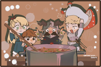 1girl 3boys akairosu beard blonde_hair blush border brown_border brown_hair chibi chilchuck_tims drooling drop_shadow dungeon_meshi facial_hair helmet laios_touden long_hair marcille_donato mouth_drool multiple_boys mushroom mustache open_mouth pointy_ears senshi_(dungeon_meshi) short_hair stew undercut