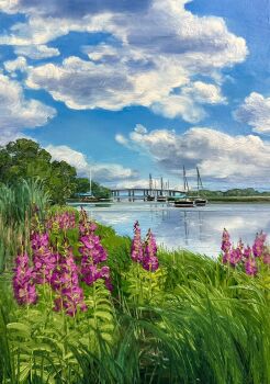 blue_sky bridge cloud cloudy_sky commentary day english_commentary flower grass highres kate_avery oil_painting_(medium) original outdoors painting_(medium) purple_flower real_world_location river scenery ship sky traditional_media tree watercraft